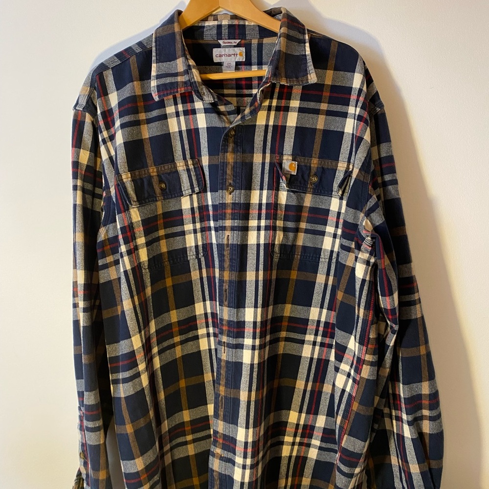 Carhartt 2XL Tall Heavy Flannel Blue Red Brown Plaid Original Fit Excellent Cond